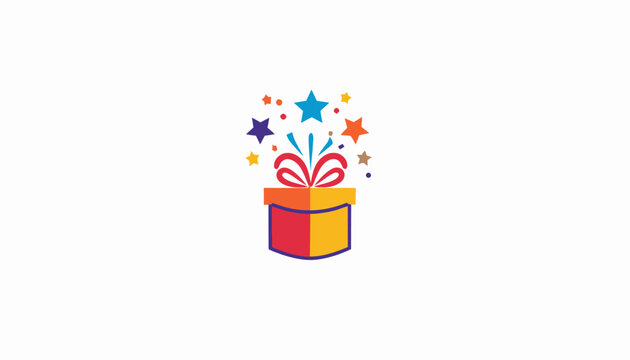 Colorful gift box with exploding festive stars.