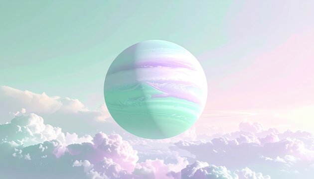 Ethereal planet with pastel bands floats in a dreamlike cloudscape