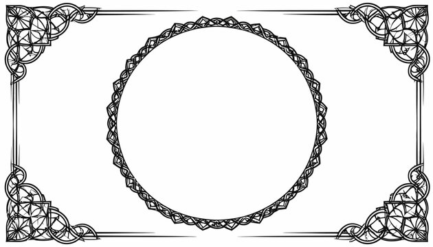 Decorative rectangular frame with circular center and corner flourishes.