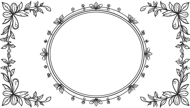 Delicate hand-drawn floral circular frame with corner leaves.