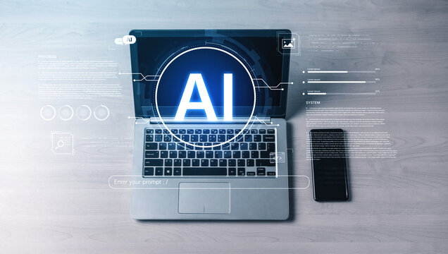 A futuristic interface for a generative AI system. A developer enters a prompt to initiate coding, data processing, and monitor the system's progress and performance. Fermion