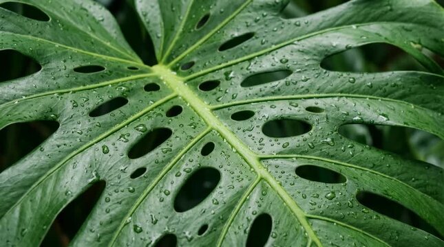 Tropical monstera leaf macro, dark green and emerald, exotic bikini shoot backdrop