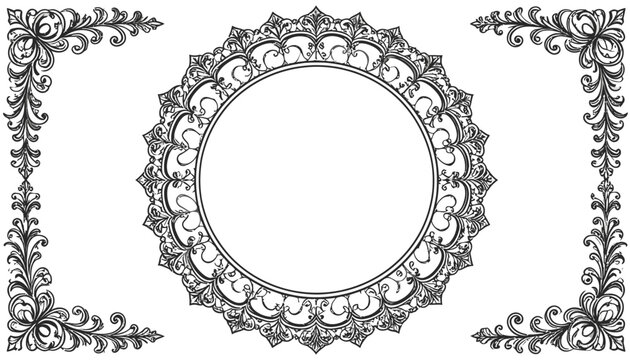 Intricate black circular vintage frame with floral corner flourishes.