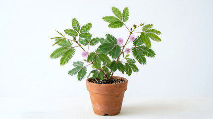 Obraz premium Sensitive Plant Mimosa Pudica in Terra Cotta Pot with Pink Flowers