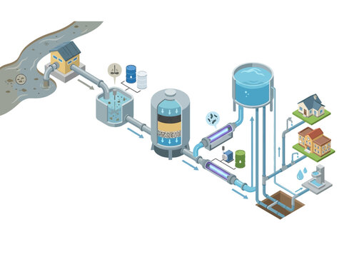 Water Treatment Plant Process with Filtration Disinfection and Supply to Homes