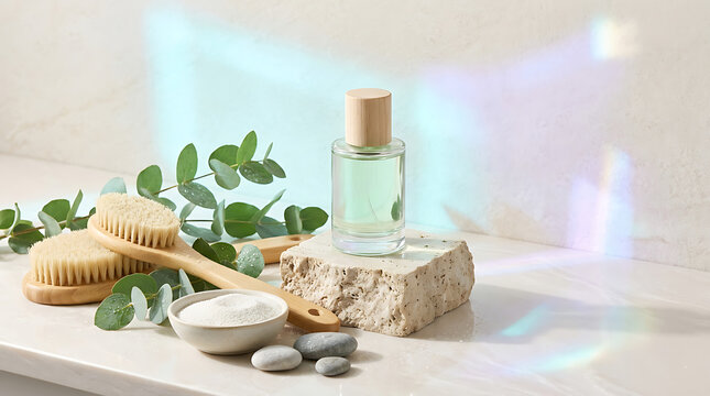 Natural spa product arrangement featuring wooden brush, essentia