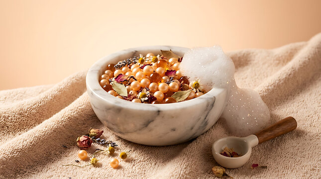 Close-up of colorful pearl jewelry in a marble bowl on a soft fa