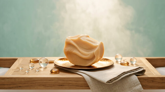 Creamy soap or beauty product on a golden plate with glass pearl