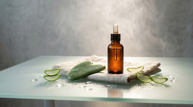 Amber glass bottle of natural soap or skincare product on a whit