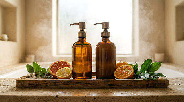 Natural citrus body care products on a wooden tray in a spa sett