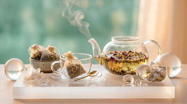 Aromatherapy essential oils and wellness products arranged in gl