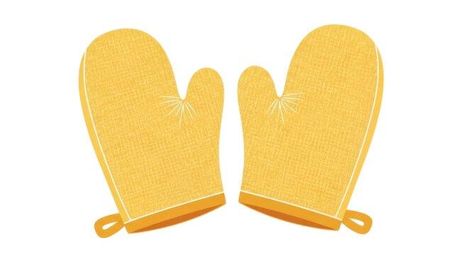 A pair of yellow mittens with white stitching are displayed.