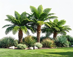 Obraz premium Lush tropical landscape featuring three tall palms and varied low-lying plants