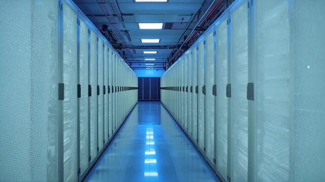 Row of server rack corridor in blue data center aisle with glowing technology and reflective floor