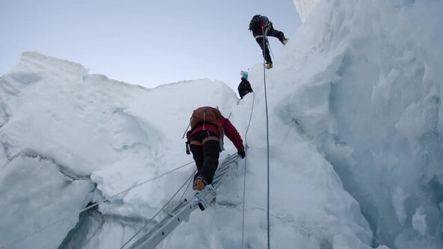 Sherpas and climbers crossing the dangerous Khumbu Icefall on their way to the summit of Mount Everest