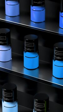Green-dominant nail polish bottles shown as rotating camera view on glossy shelf with hue shifting and saturated color repetition