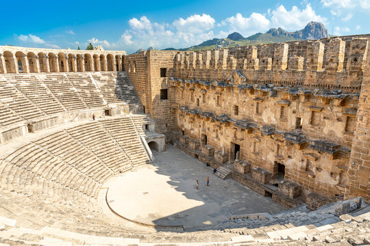Aerial view of the ancient Aspendos amphitheater near Antalya city