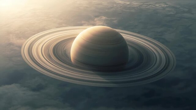 Ringed planet gas planet planetary rings sunrise lighting layered rings soft clouds glowing golden