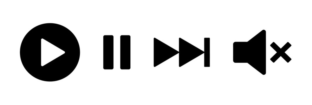 Minimalist black play pause fast forward and mute media control button icons set transparent png