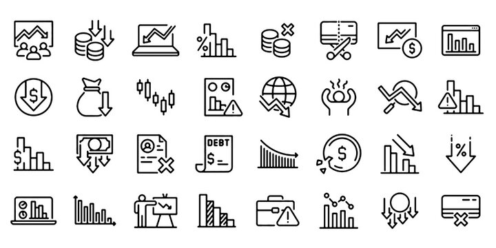 Financial Crisis Line Icon Set, Economic Downturn Vector Transparent Background