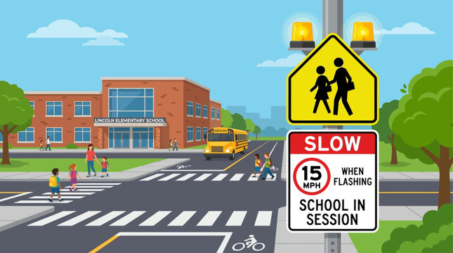Educational cartoon showing children safely crossing a street at a school zone crosswalk, a school bus, and traffic signs promoting pedestrian safety