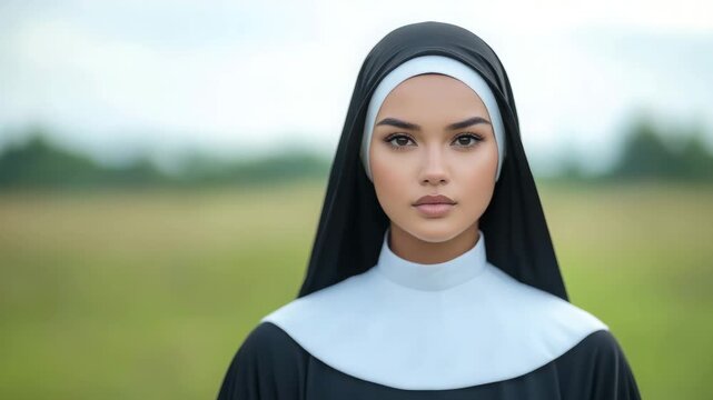 Young woman in nun habit standing outdoors in natural landscape  