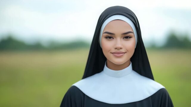 Young Muslim woman smiling in traditional hijab outdoors  