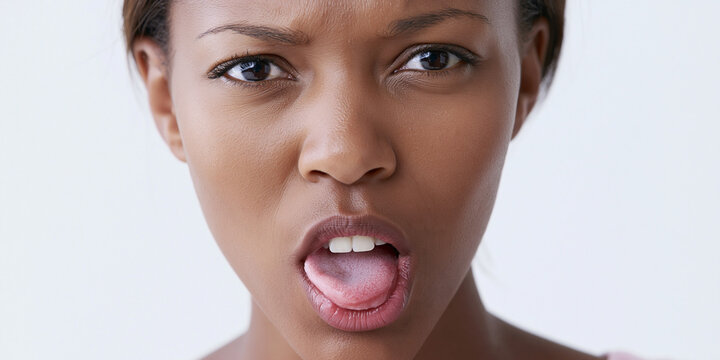 Woman showing tongue with unpleasant taste and bad breath problem
