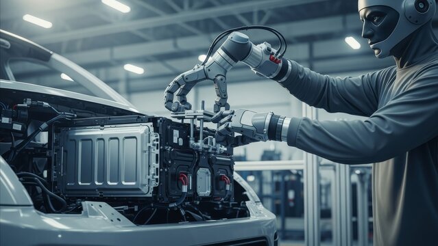 Automation - Humanoid Robot with Robotic Arms Installing Electric Vehicle Battery Pack in Modern Factory