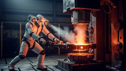 Fototapeta premium Industrial Robot Humanoid Worker Operating Heavy Forge Press Machine in Steel Manufacturing Factory