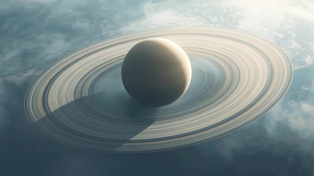 Ringed gas planet casting soft shadow over dusty rings dawn with textured geometric concrete pattern