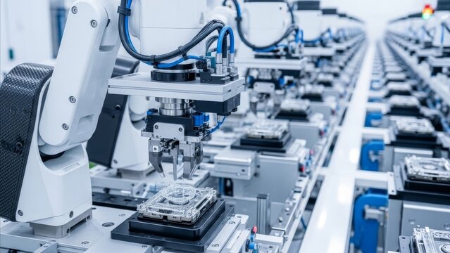 Manufacturing - Robotic Arm Assembly Line Handling Precision Electronic Components in Automated Smart Factory