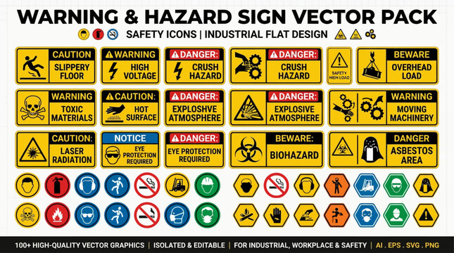 Comprehensive collection of industrial hazard and warning safety icons, perfect for signage and informational graphics