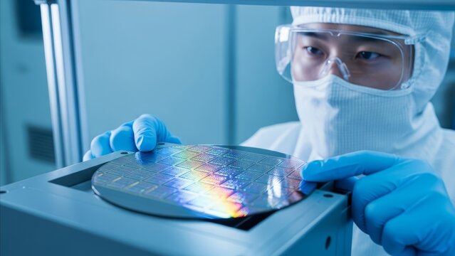 Semiconductor - Asian Technician in Cleanroom Suit Inspecting Silicon Wafer with Integrated Circuits in Lab