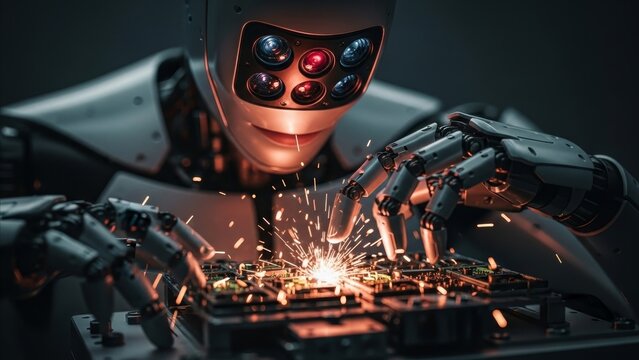 Technology - Advanced Humanoid Robot with Multiple Camera Eyes Soldering Circuit Board with Sparks Flying