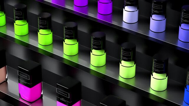 Glossy black shelf displays alternating nail polish bottles with hue-shifting liquid in purple, yellow and cyan under ambient light