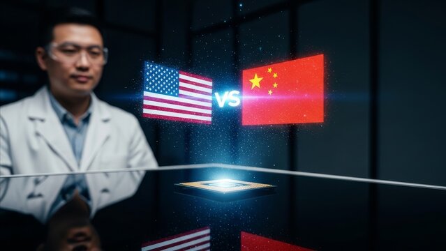 Technology - Asian Male Scientist Viewing USA vs China Semiconductor Chip Competition Holographic Display in Lab
