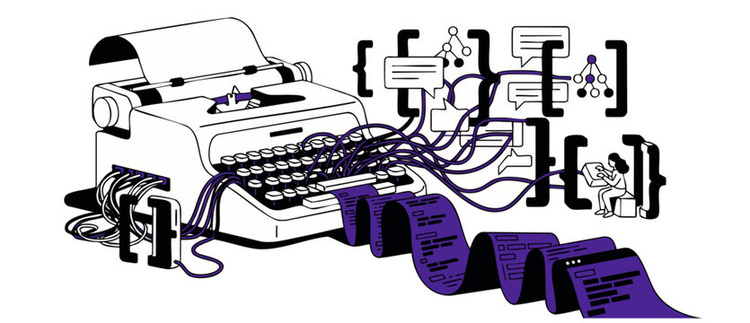 Coding typewriter writing software program code, vintage typewriter connected to programming syntax brackets and data tree structures, creative technology and automatic content generation concept.