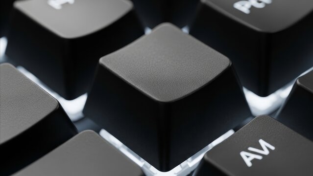 Technology - Extreme Closeup of Backlit Mechanical Keyboard Black Keycaps with White LED Underglow Light
