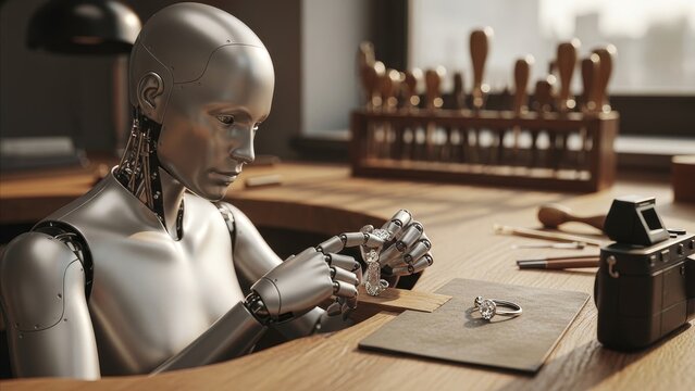 Technology - Humanoid Robot Crafting Fine Jewelry at Wooden Workbench in Professional Jeweler Workshop