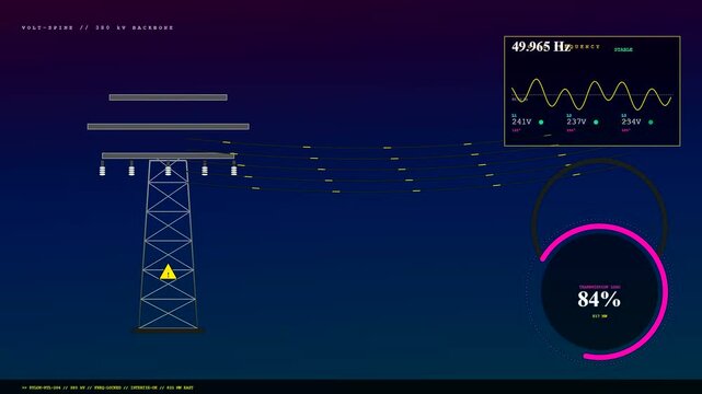 This professional visualization of a decentralized energy network displays real time fluctuations in power load and frequency across a high voltage electrical grid with glowing particles.