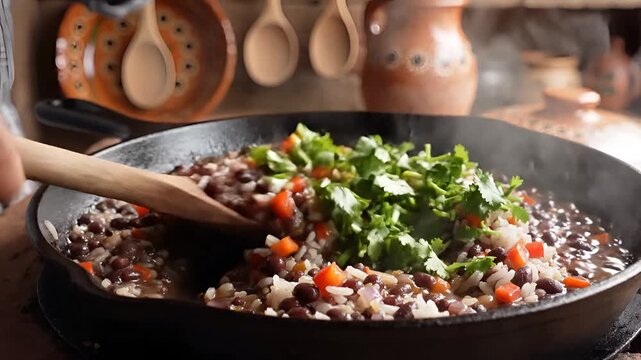 Cooking delicious rice and beans mixture in a cast iron skillet.