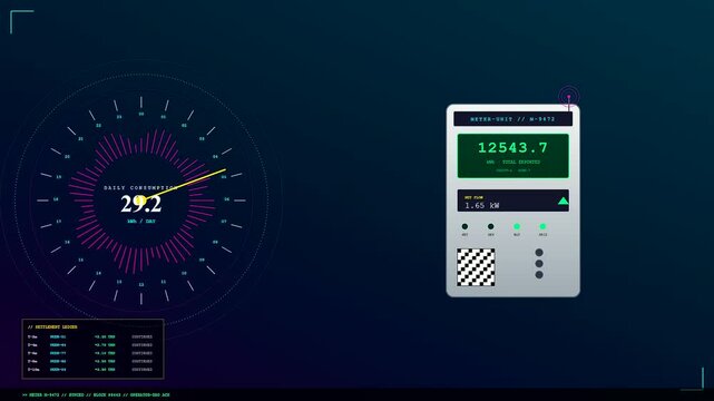 Modern digital interfaces monitoring a Decentralized Energy Network show fluctuating power levels and system statistics through glowing circular gauges and changing numerical data readings.
