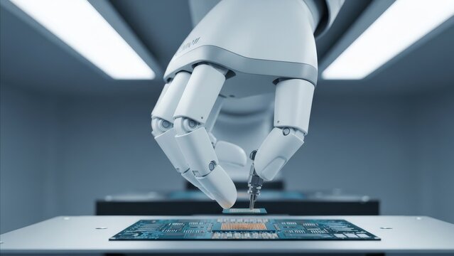 Technology - Robotic Hand Using Precision Tool to Install Microchip on Circuit Board in Clean Lab