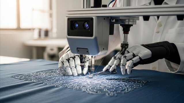 Technology - Robotic Hands with Camera Eyes Performing Intricate Embroidery Stitching on Blue Fabric