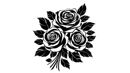 A striking black and white illustration of a bouquet of three detailed roses with lush green leaves. © Bernadya