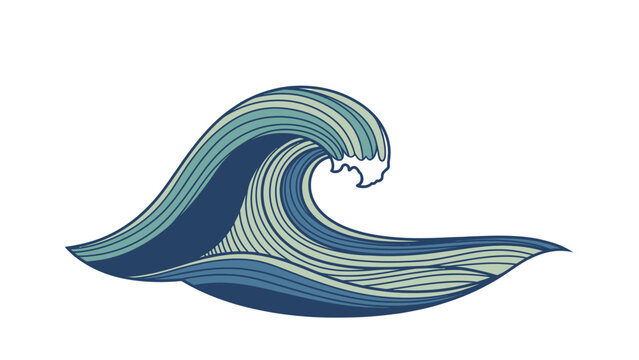 Stylized illustration of a large ocean wave with intricate blue and green wavy lines, breaking on a white background.