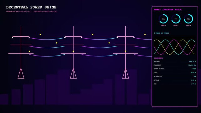 This digital interface visualizes a decentralized energy network showing fluctuating waveforms and telemetry data for smart power grids as the electricity flows through the transmission towers
