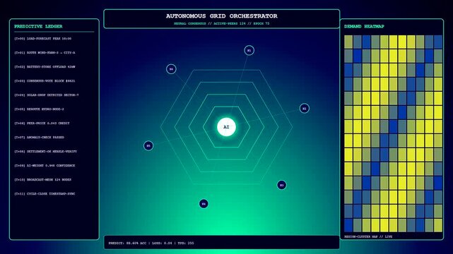 This futuristic visualization of a decentralized energy network shows shifting data nodes and pulsating heatmaps as autonomous systems manage power distribution across modern infrastructure sectors.
