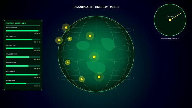 This digital representation of a decentralized energy network shows real-time data monitoring on a green glowing globe interface with shifting metrics and pulsing geographic points of activity.